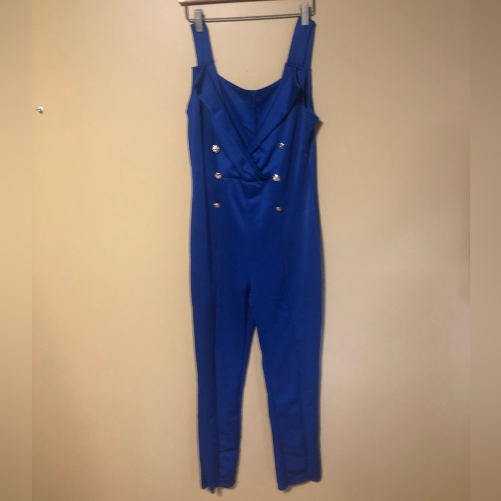 Sexy Collared Royal Blue Gold Button Sleeveless Jumpsuit  Nautical Romper Size M